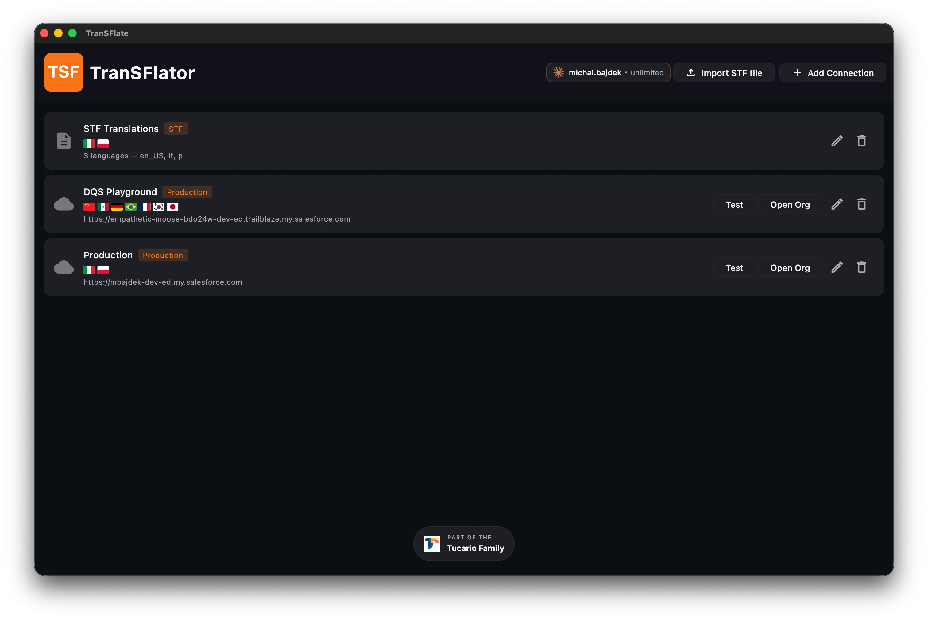 The TranSFlator connections list with a local STF file, a DQS Playground sandbox, and a production org side by side.