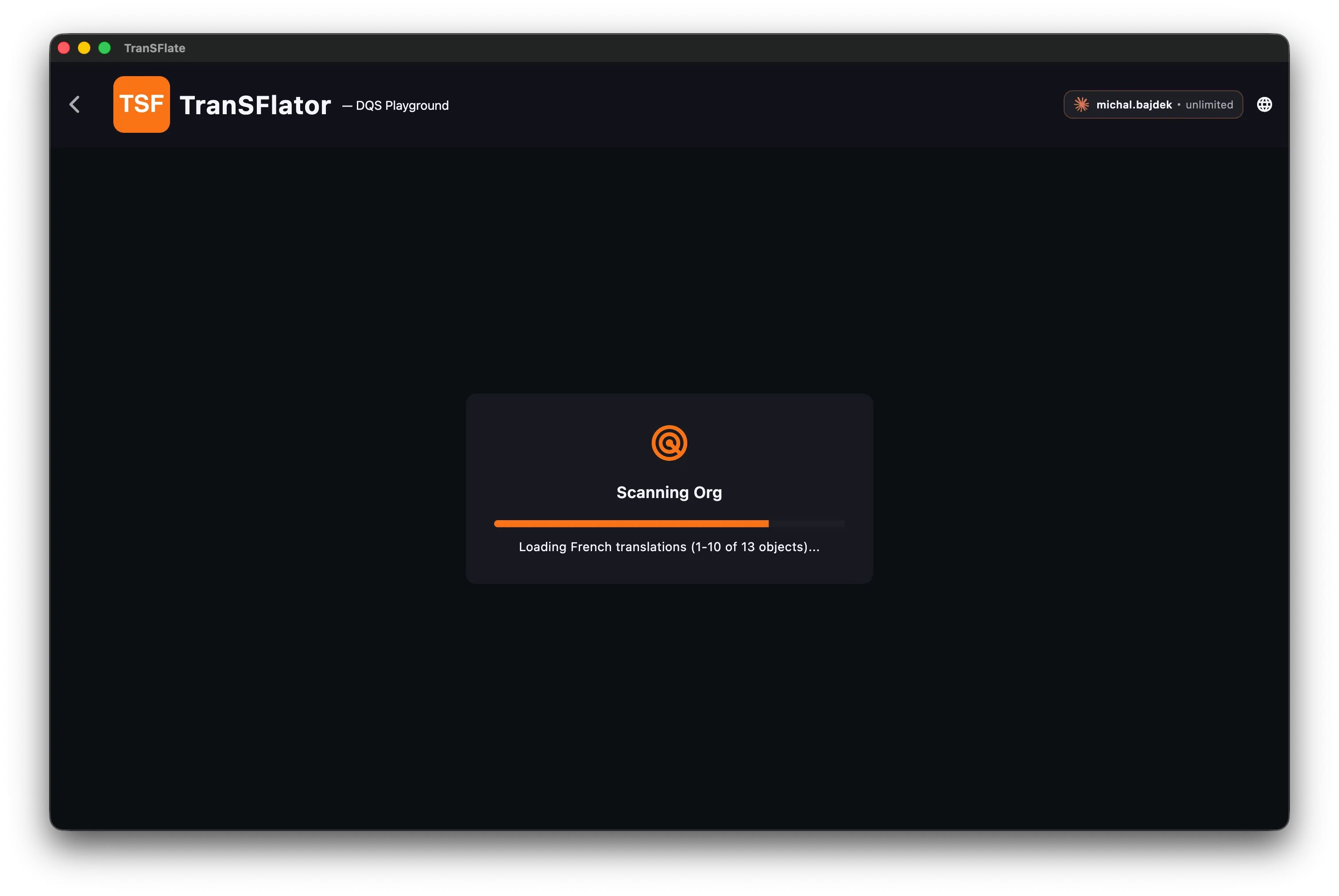 TranSFlator scanning a connected Salesforce org, loading translations object by object.