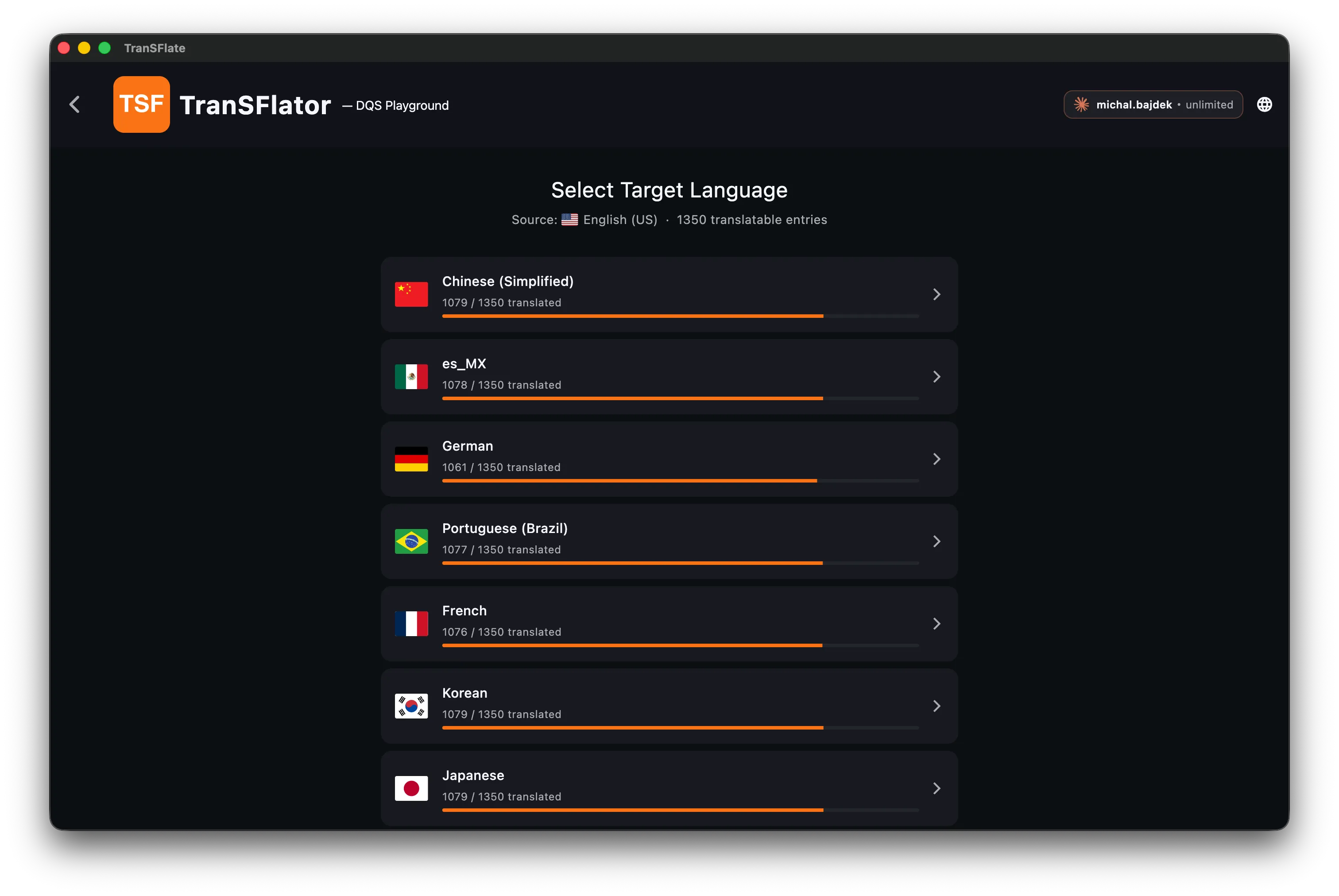 The target-language picker showing every enabled locale with its coverage bar.