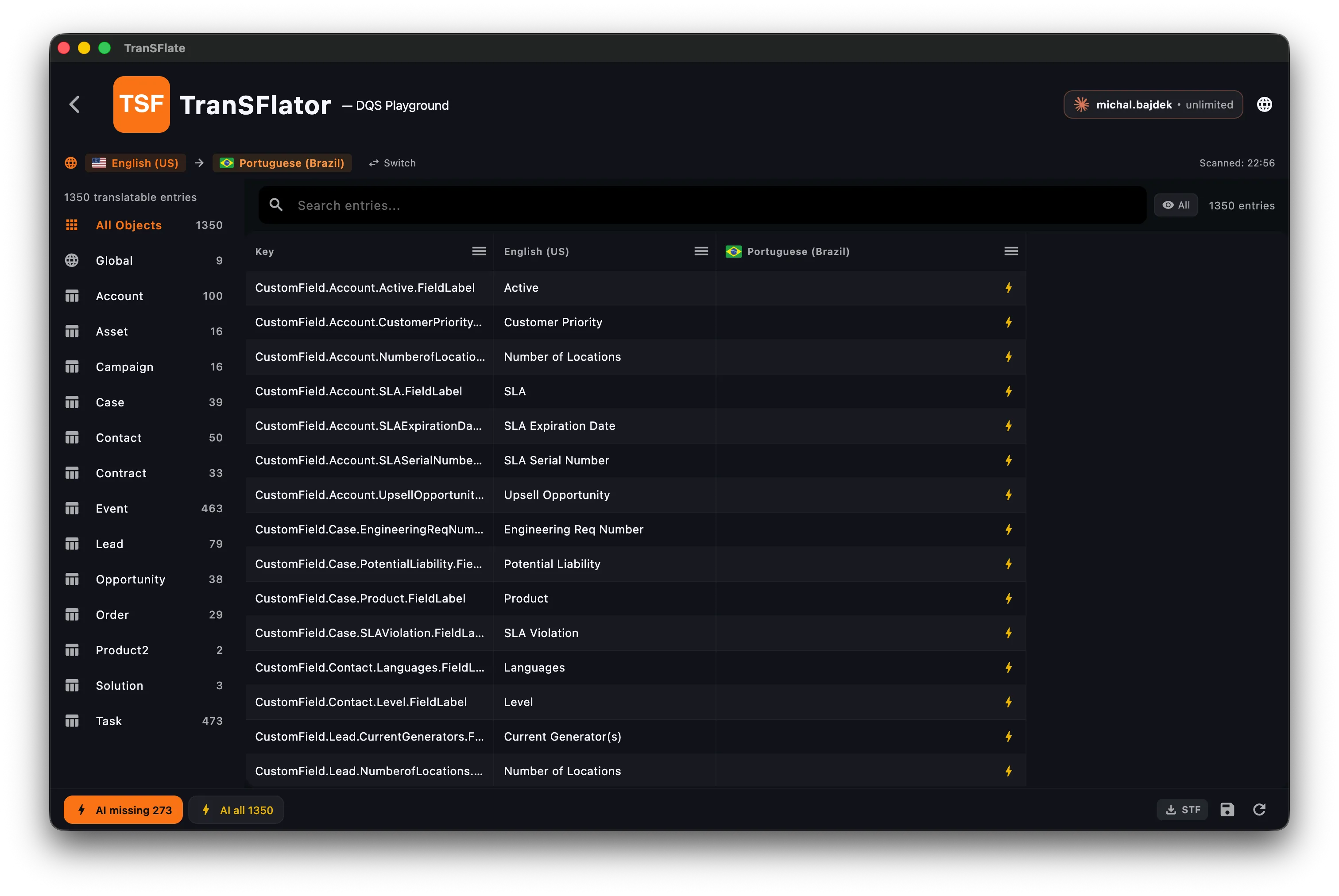 The TranSFlator translation grid with the object sidebar, search, and source/target columns.