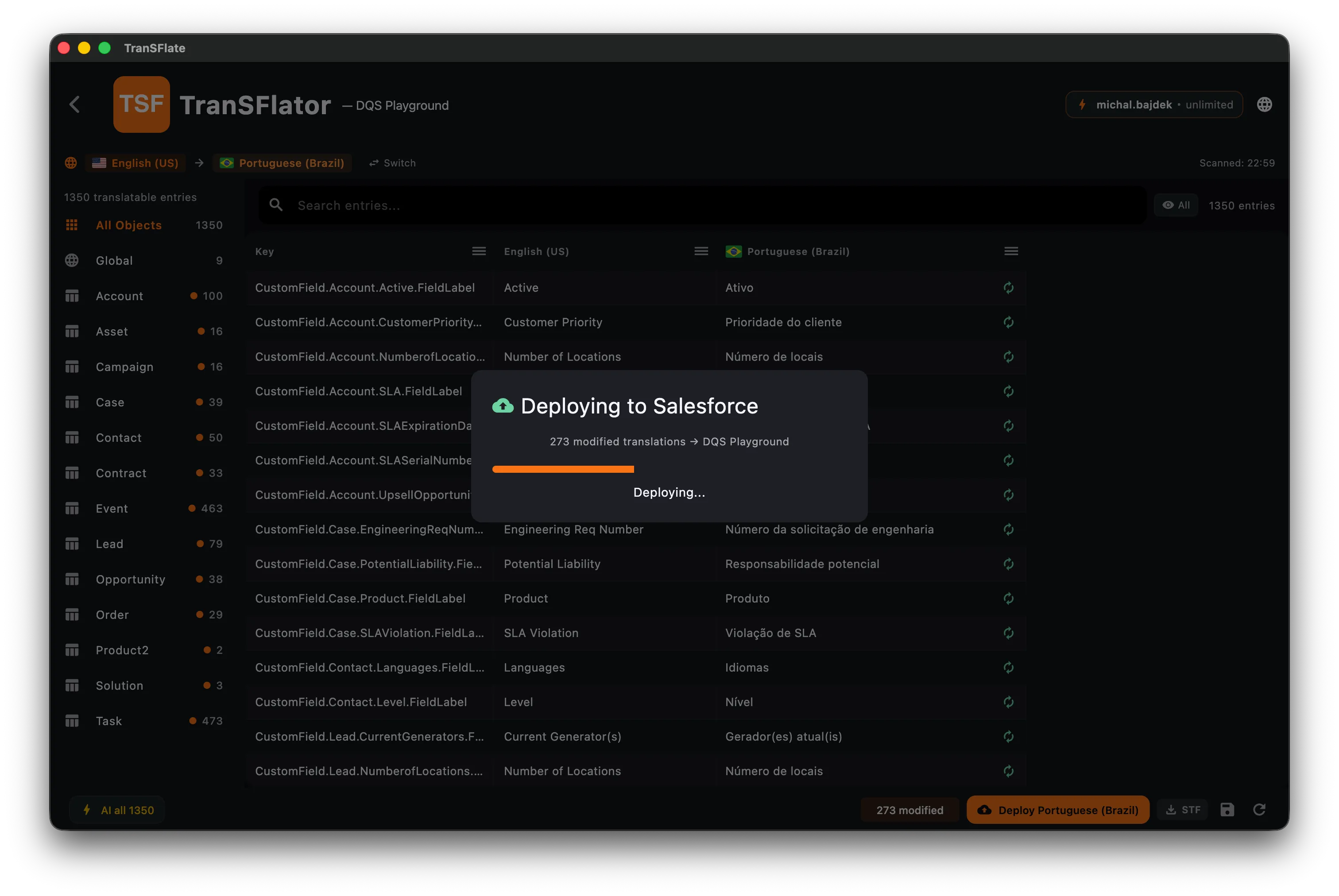 The deploy dialog while TranSFlator is pushing 273 modified translations to the DQS Playground org.