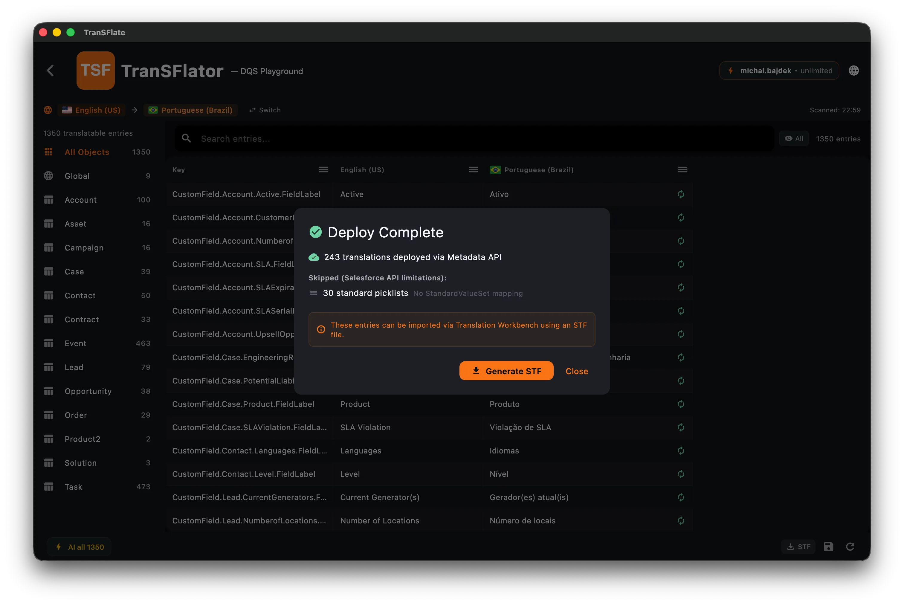 The "Deploy Complete" summary with 243 translations deployed and 30 standard picklists skipped.