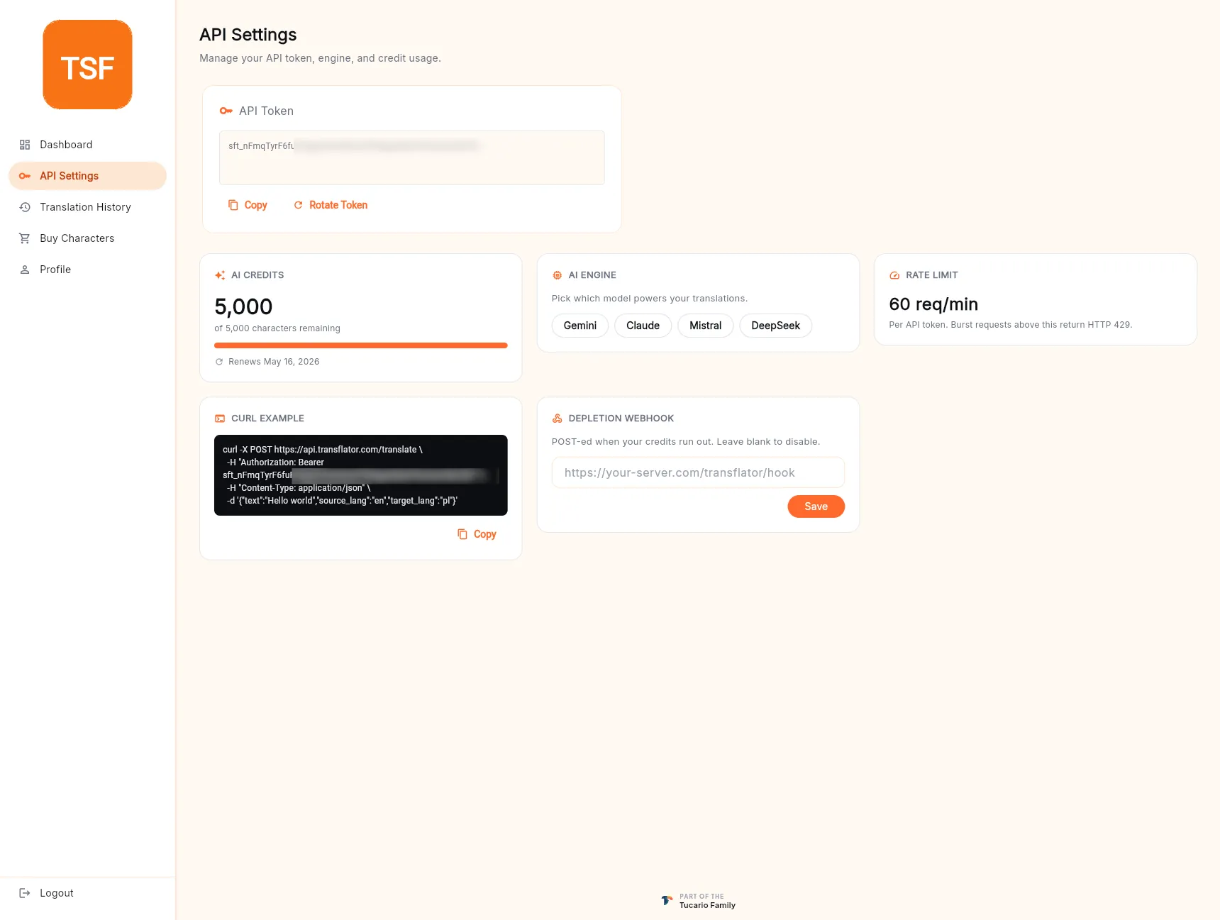 The API Settings screen — API Token card with a masked token and Copy/Rotate Token buttons, AI Credits card showing 5,000 of 5,000 characters remaining with a renewal date, AI Engine selector with Gemini/Claude/Mistral/DeepSeek pills, a Rate Limit card showing 60 req/min, a cURL example card, and a Depletion Webhook input.