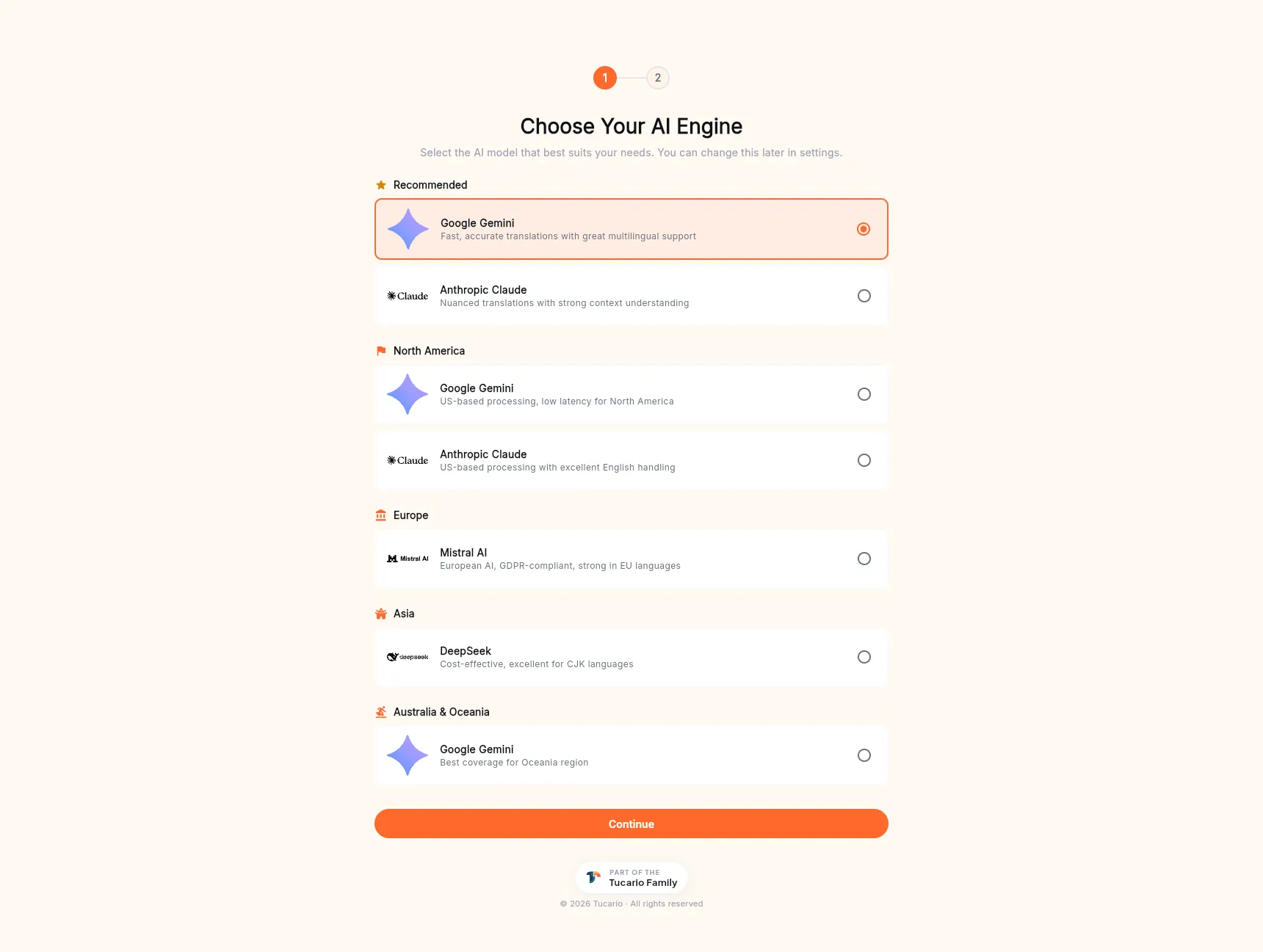 The "Choose Your AI Engine" onboarding step — a Recommended group with Google Gemini and Anthropic Claude, regional groupings for North America, Europe, Asia, and Australia & Oceania, each with one or two engine cards, and a "Continue" button at the bottom.