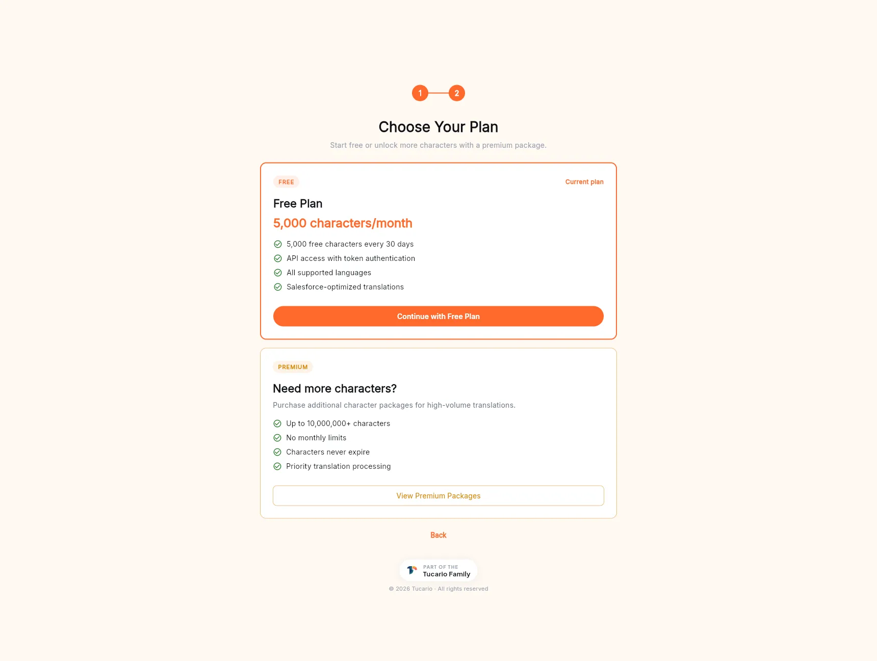 The "Choose Your Plan" onboarding step — a Free Plan card (5,000 characters/month, API access with token authentication, all supported languages, Salesforce-optimized translations) with a "Continue with Free Plan" button, and a Premium card ("Need more characters?") with a "View Premium Packages" button.