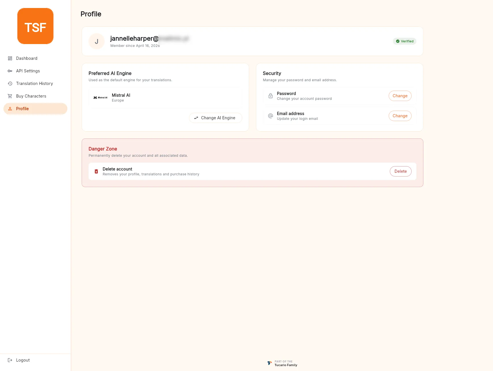 The Profile screen — an account header with the user's email, member-since date, and a Verified badge, a Preferred AI Engine card showing Mistral AI (Europe) with a Change AI Engine button, a Security card with Password and Email address rows each with a Change button, and a red Danger Zone card with a Delete account row and a Delete button.