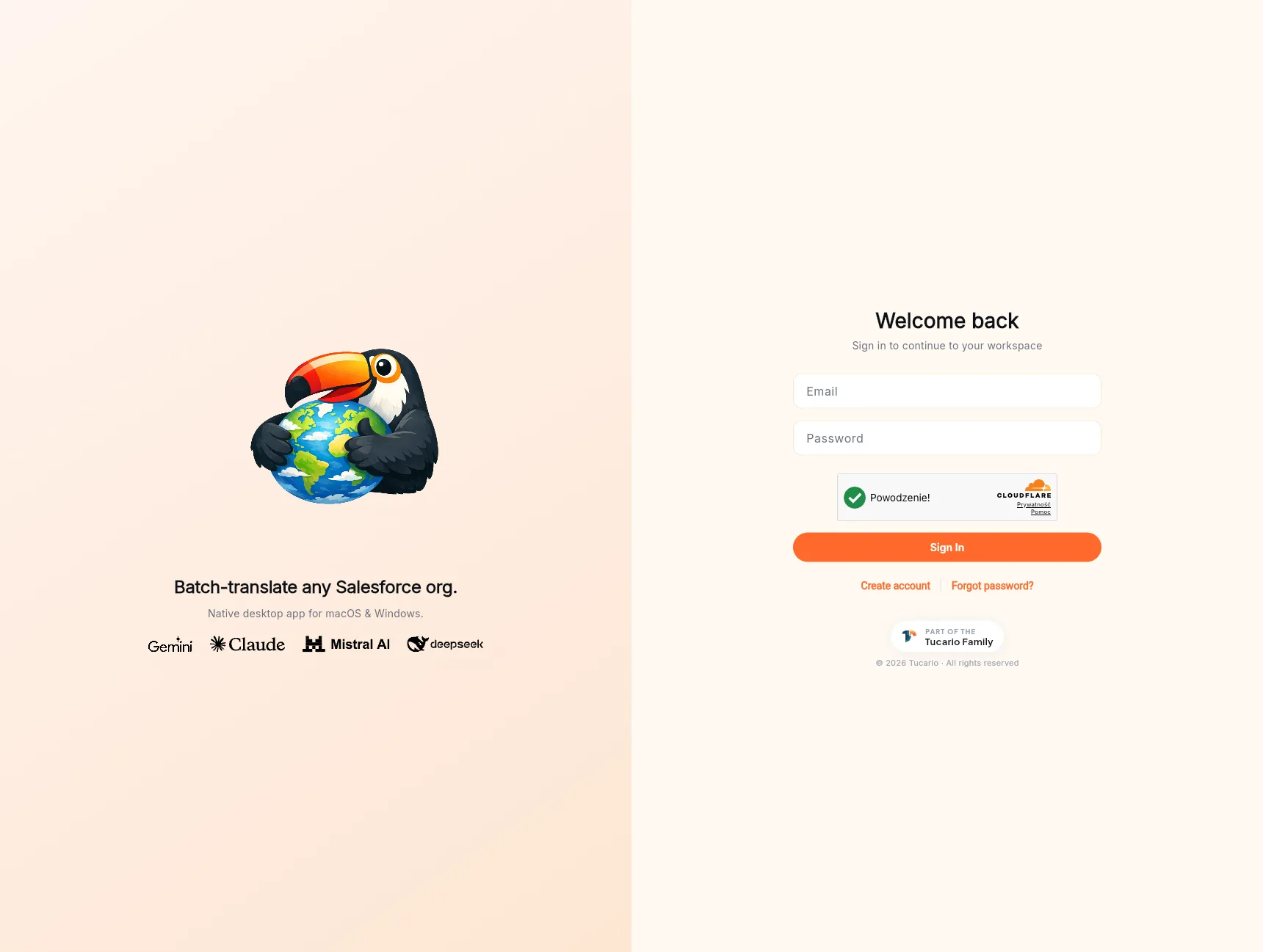 The TranSFlator panel sign-in screen — a toucan mascot on the left, email and password fields on the right, Google reCAPTCHA badge, and a "Sign in" button with links to create an account or reset password.