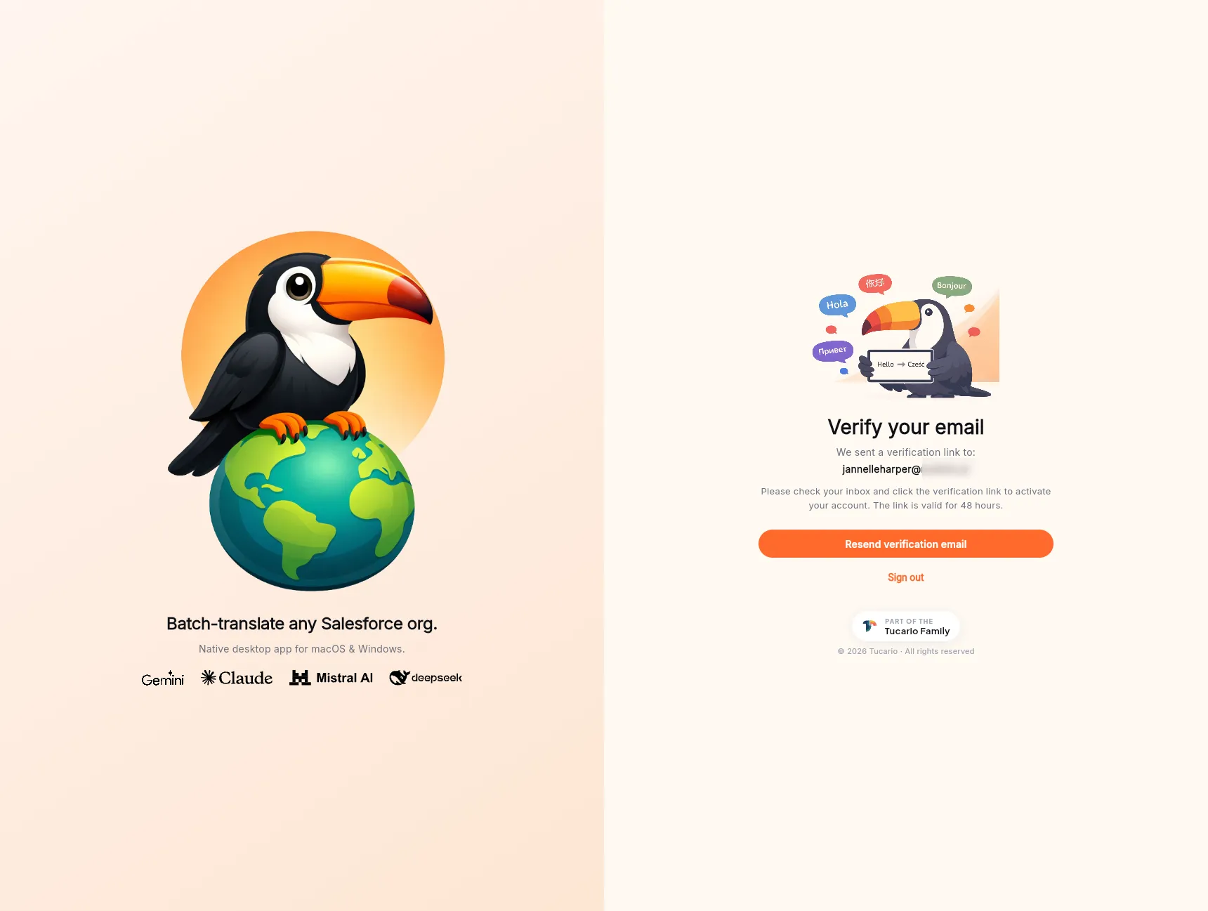 The "Verify your email" screen — toucan mascot, masked email address, explanatory text, a "Resend verification email" button, and a "Sign out" link.